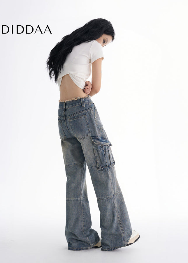 Beige Multi Pocket Low Rise Cargo Jeans for Women - Women’s Jeans