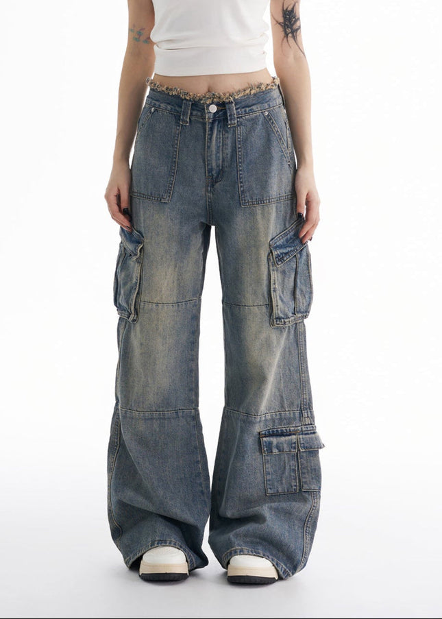 Beige Multi Pocket Low Rise Cargo Jeans for Women - Women’s Jeans