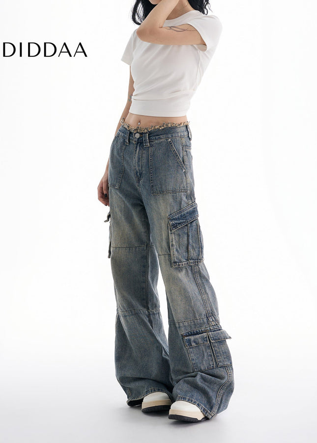 Beige Multi Pocket Low Rise Cargo Jeans for Women - Women’s Jeans