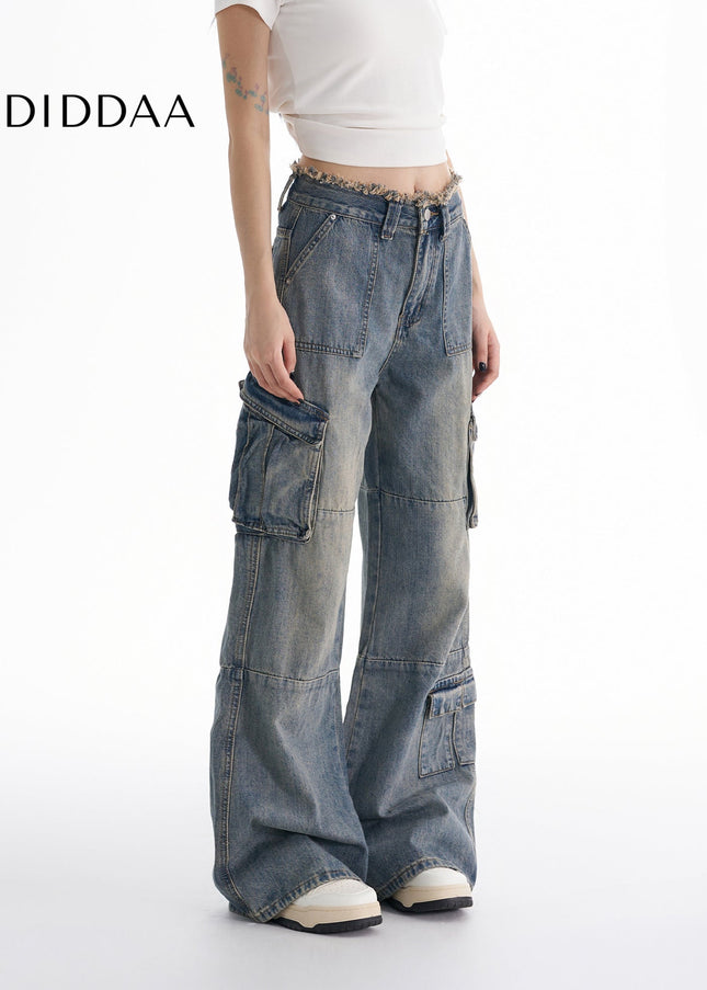 Beige Multi Pocket Low Rise Cargo Jeans for Women - Women’s Jeans