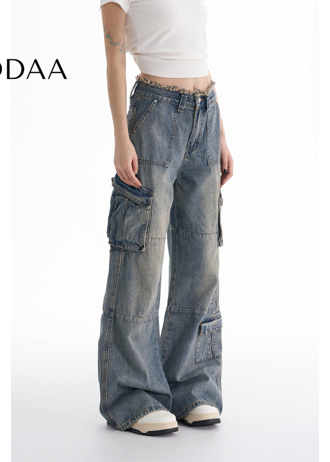Beige Multi Pocket Low Rise Cargo Jeans for Women - XS / Vintage Blue - Women’s Jeans