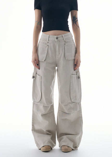 Beige Multi-Pocket Pleated Cargo Pants for Women - Women’s Jeans