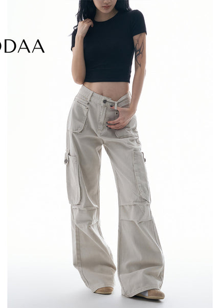 Beige Multi-Pocket Pleated Cargo Pants for Women - Women’s Jeans