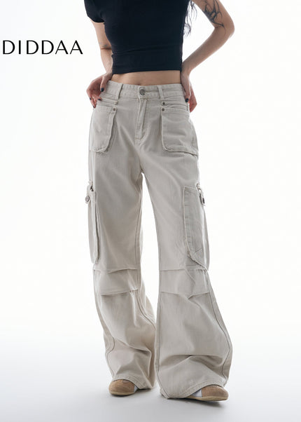 Beige Multi-Pocket Pleated Cargo Pants for Women - Women’s Jeans