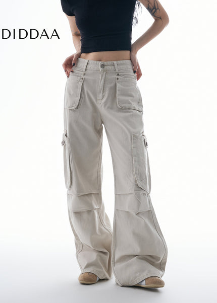 Beige Multi-Pocket Pleated Cargo Pants for Women - Women’s Jeans