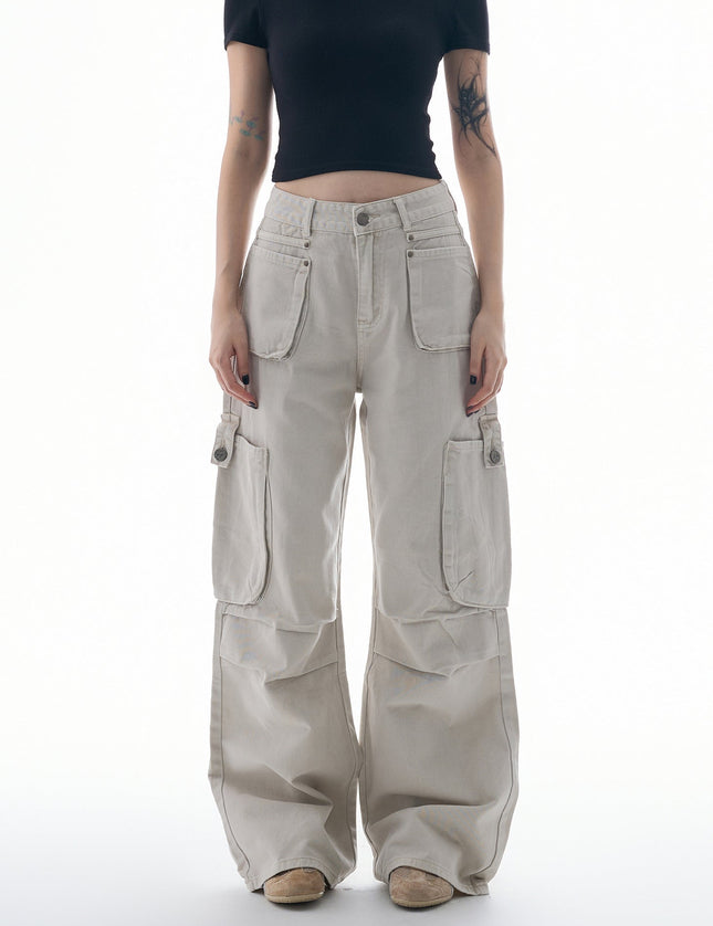 Beige Multi-Pocket Pleated Cargo Pants for Women - Women’s Jeans