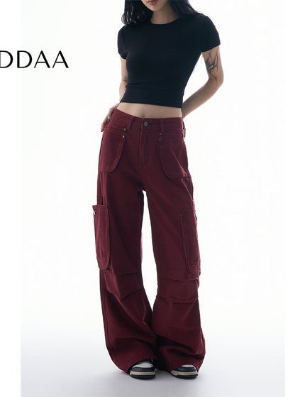 Beige Multi-Pocket Pleated Cargo Pants for Women - XS / Red - Women’s Jeans