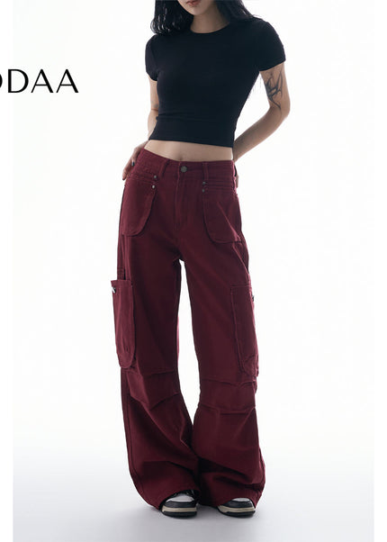 Beige Multi-Pocket Pleated Cargo Pants for Women - XS / Red - Women’s Jeans