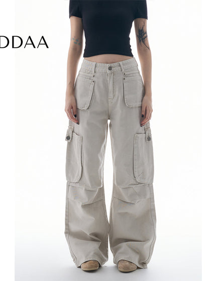 Beige Multi-Pocket Pleated Cargo Pants for Women - XS / White - Women’s Jeans