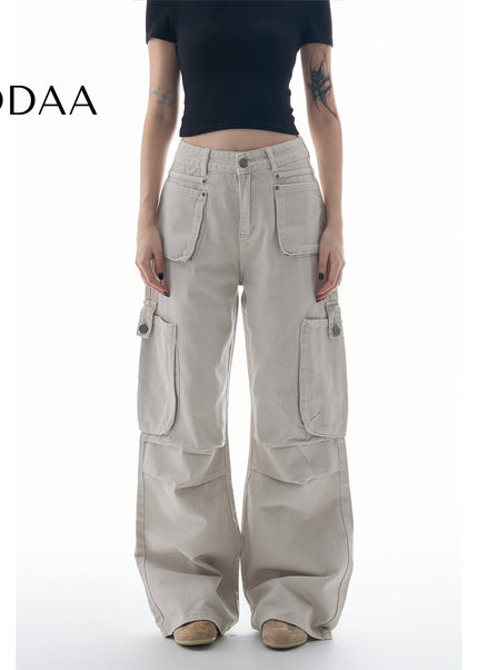 Beige Multi-Pocket Pleated Cargo Pants for Women - XS / White - Women’s Jeans