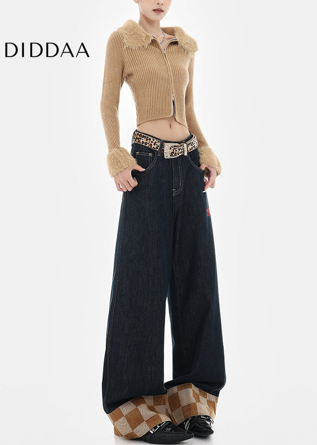 Beige Plaid Stitched Design Women’s Wide-Leg Jeans - Women’s Jeans