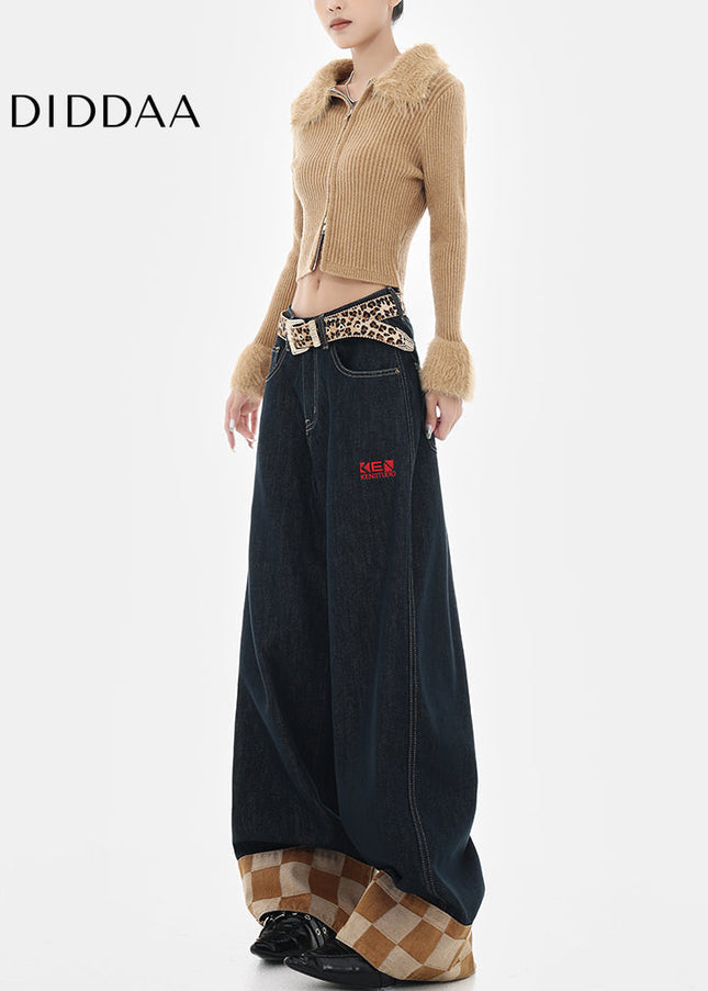 Beige Plaid Stitched Design Women’s Wide-Leg Jeans - Women’s Jeans