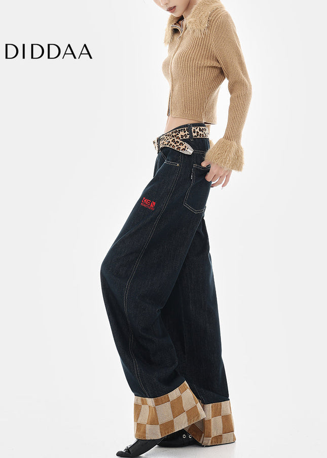 Beige Plaid Stitched Design Women’s Wide-Leg Jeans - Women’s Jeans