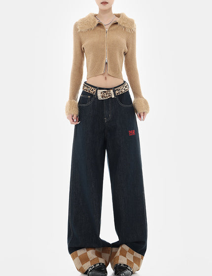 Beige Plaid Stitched Design Women’s Wide-Leg Jeans - Women’s Jeans