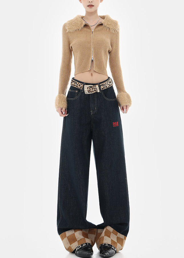 Beige Plaid Stitched Design Women’s Wide-Leg Jeans - Women’s Jeans