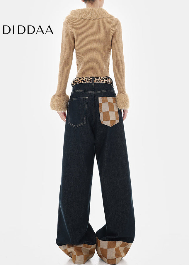 Beige Plaid Stitched Design Women’s Wide-Leg Jeans - Women’s Jeans