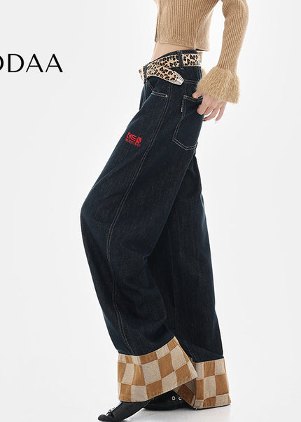 Beige Plaid Stitched Design Women’s Wide-Leg Jeans - S / Green - Women’s Jeans