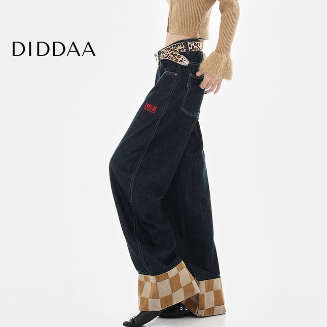 Beige Plaid Stitched Design Women’s Wide-Leg Jeans - S / Green - Women’s Jeans