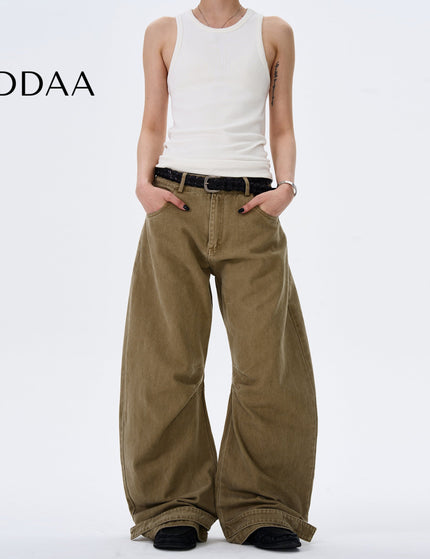 Beige Pleated Design Cargo Jeans Wide-Leg Trend - S / Khaki - Men’s Jeans