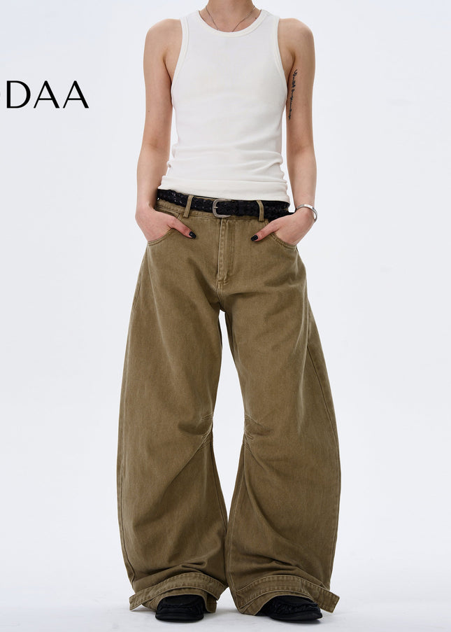 Beige Pleated Design Cargo Jeans Wide-Leg Trend - S / Khaki - Men’s Jeans
