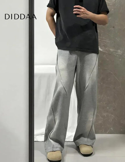 Beige Pleated Elastic Waist Straight Pants Y2K Style - Grey / M - Unisex Sweatpants