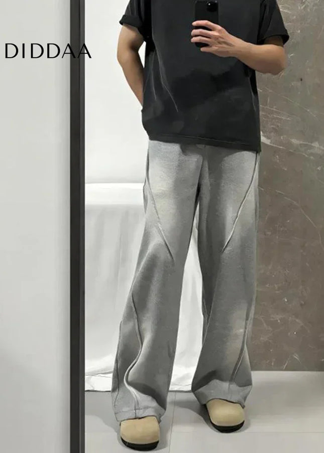 Beige Pleated Elastic Waist Straight Pants Y2K Style - Grey / M - Unisex Sweatpants