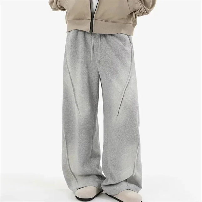 Beige Pleated Elastic Waist Straight Pants Y2K Style - Unisex Sweatpants