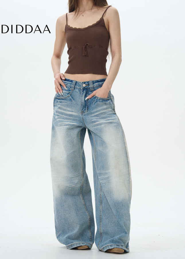Beige Pleated Jeans with American Retro Design - S / Mid Blue - Women’s Jeans