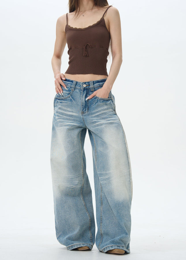 Beige Pleated Jeans with American Retro Design - Women’s Jeans