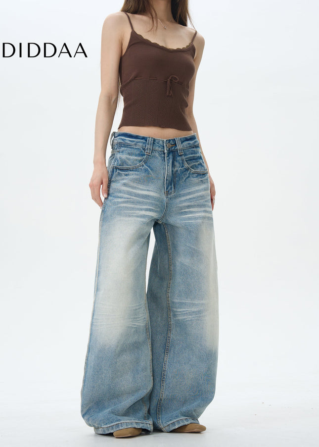 Beige Pleated Jeans with American Retro Design - Women’s Jeans