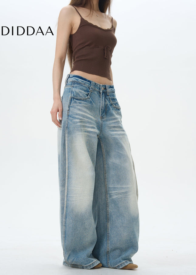 Beige Pleated Jeans with American Retro Design - Women’s Jeans