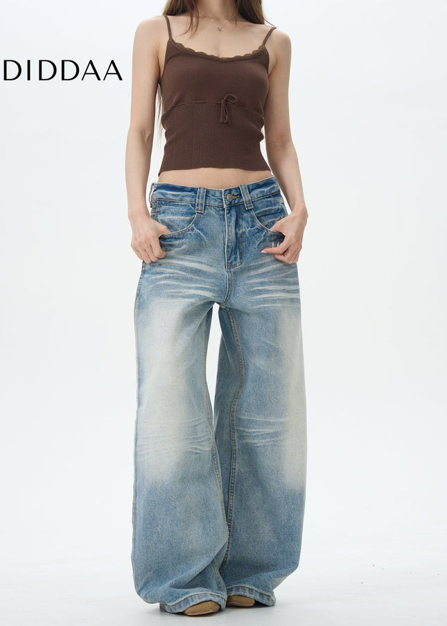 Beige Pleated Jeans with American Retro Design - Women’s Jeans