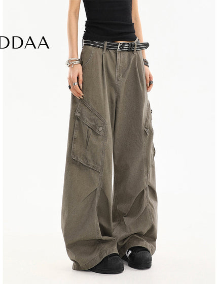 Beige Pleated Loose Straight Cargo Jeans - S / Green - Women’s Jeans