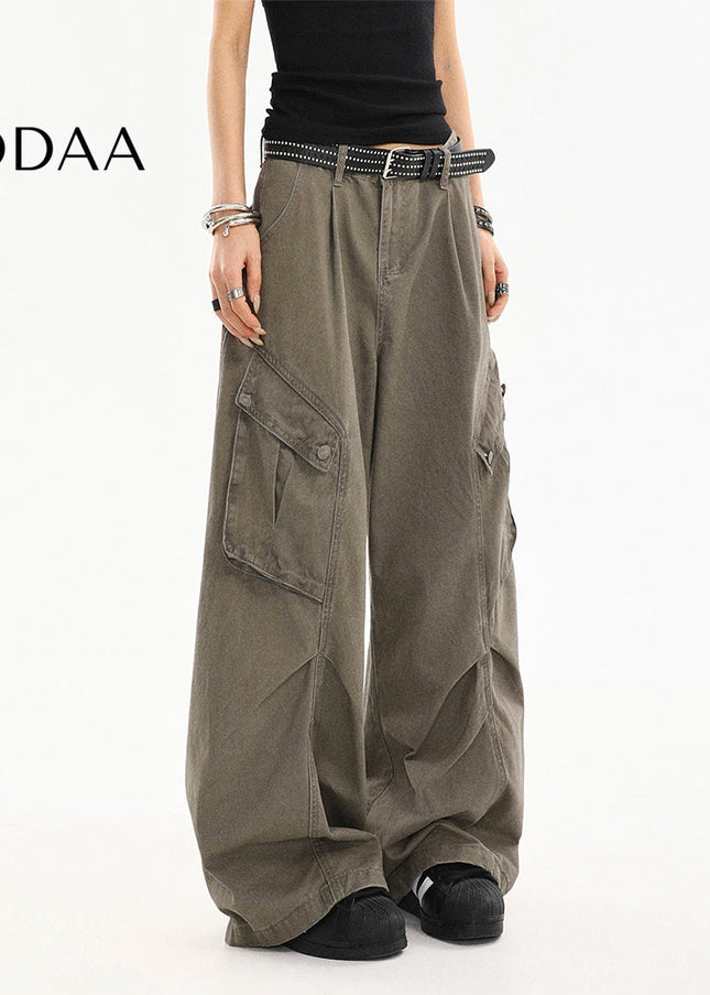 Beige Pleated Loose Straight Cargo Jeans - S / Green - Women’s Jeans