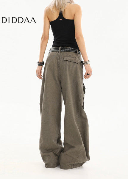 Beige Pleated Loose Straight Cargo Jeans - Women’s Jeans