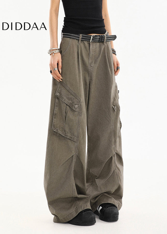 Beige Pleated Loose Straight Cargo Jeans - Women’s Jeans