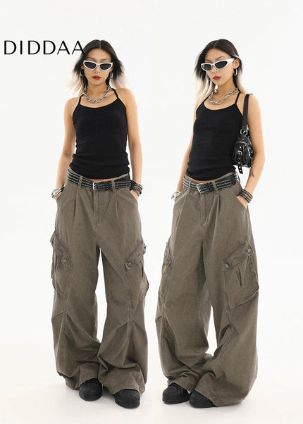 Beige Pleated Loose Straight Cargo Jeans - Women’s Jeans