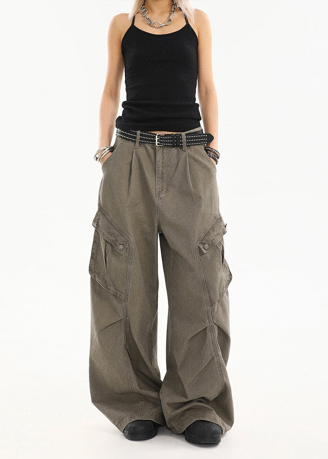 Beige Pleated Loose Straight Cargo Jeans - Women’s Jeans