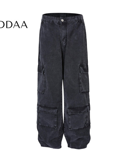 Beige Pleated Pocket Wide Leg Workwear Jeans - Black / M - Men’s Jeans