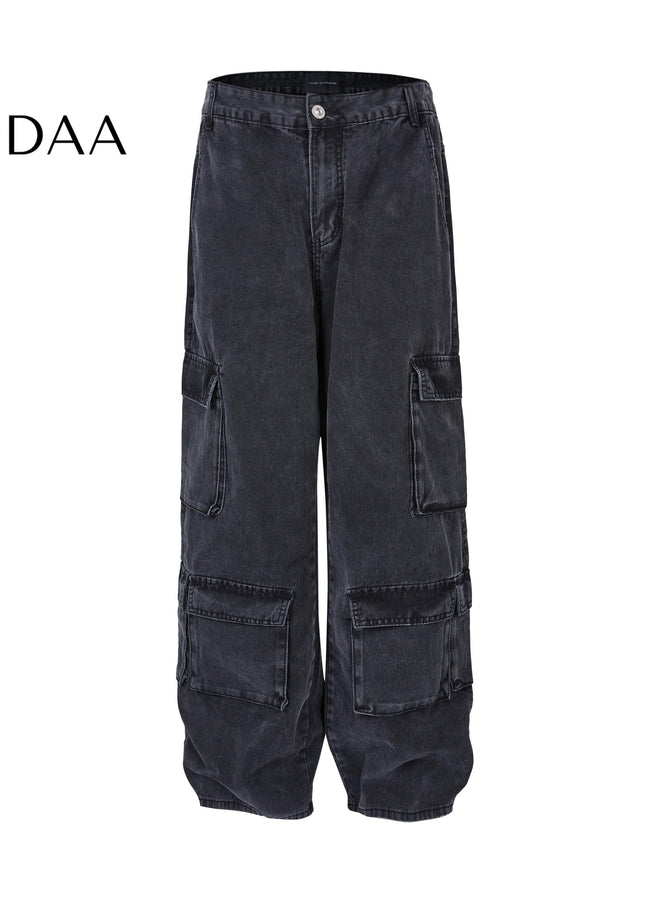 Beige Pleated Pocket Wide Leg Workwear Jeans - Black / M - Men’s Jeans