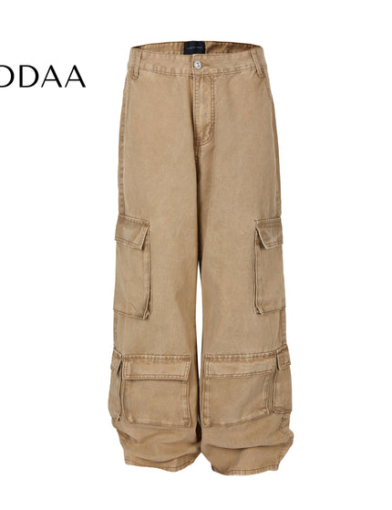 Beige Pleated Pocket Wide Leg Workwear Jeans - Khaki / M - Men’s Jeans