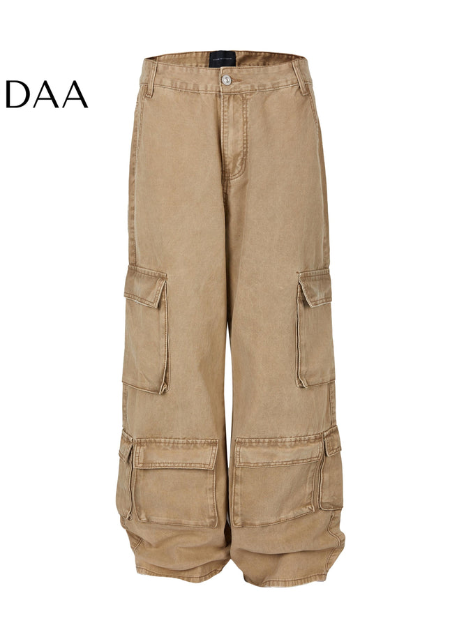 Beige Pleated Pocket Wide Leg Workwear Jeans - Khaki / M - Men’s Jeans