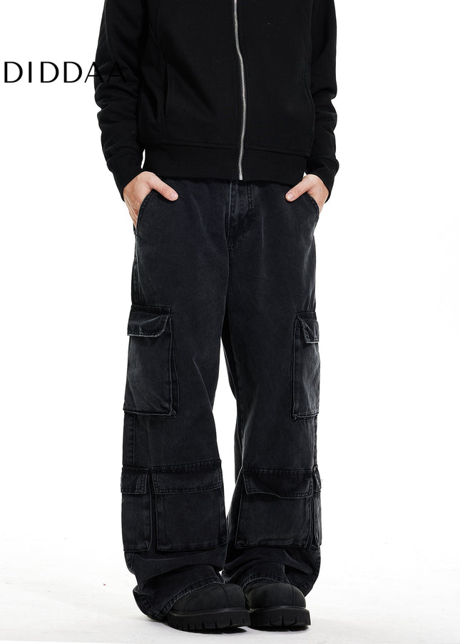 Beige Pleated Pocket Wide Leg Workwear Jeans - Men’s Jeans