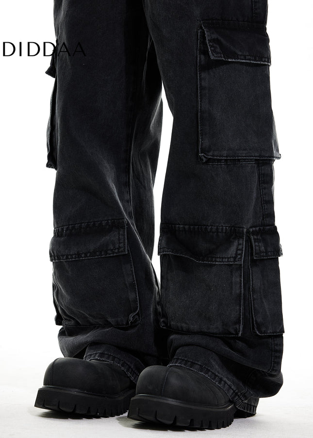 Beige Pleated Pocket Wide Leg Workwear Jeans - Men’s Jeans