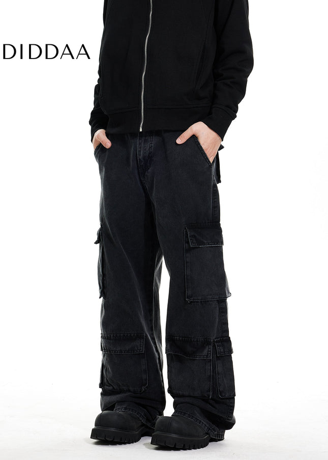 Beige Pleated Pocket Wide Leg Workwear Jeans - Men’s Jeans