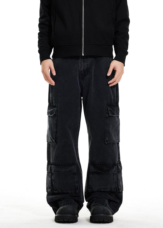 Beige Pleated Pocket Wide Leg Workwear Jeans - Men’s Jeans