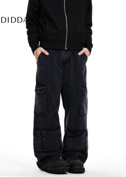 Beige Pleated Pocket Wide Leg Workwear Jeans - Men’s Jeans