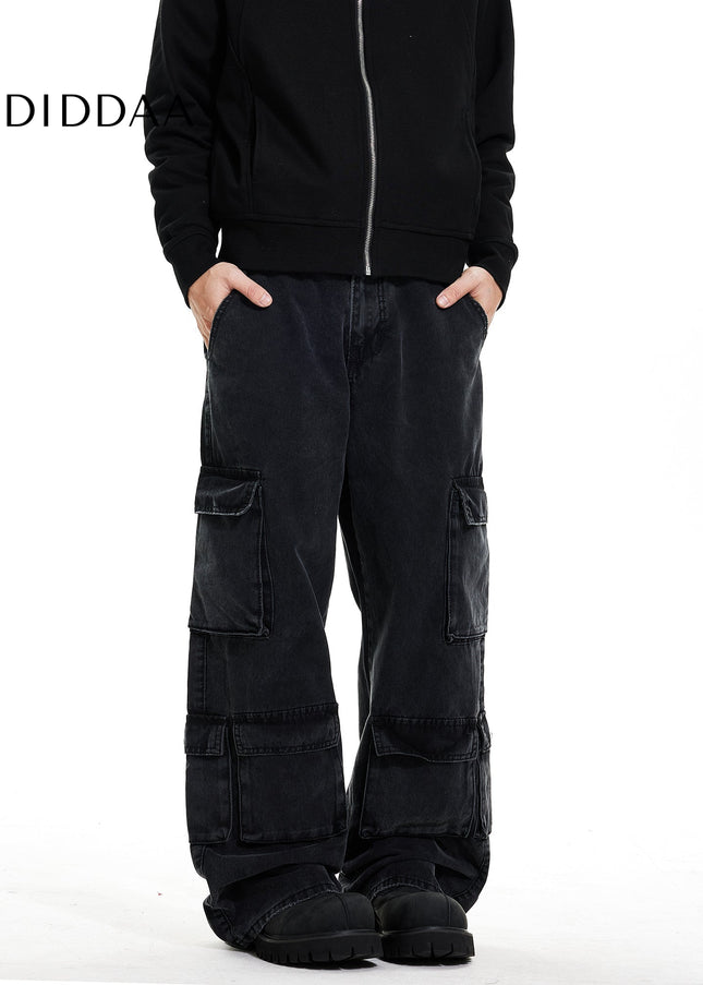 Beige Pleated Pocket Wide Leg Workwear Jeans - Men’s Jeans