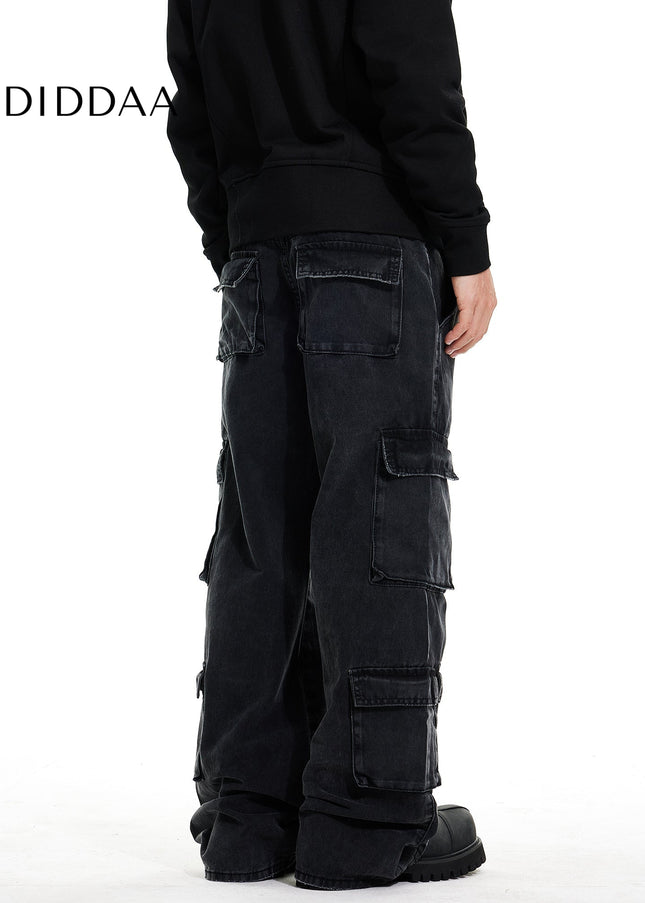 Beige Pleated Pocket Wide Leg Workwear Jeans - Men’s Jeans