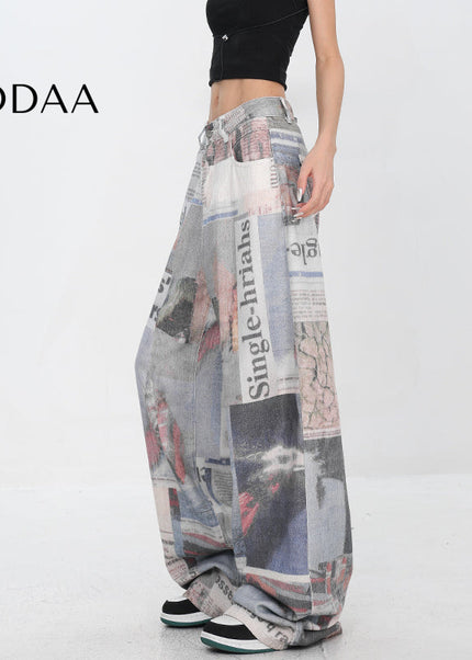 Beige Retro Newspaper Print Wide-Leg Mopping Jeans - S / Grey - Women’s Jeans
